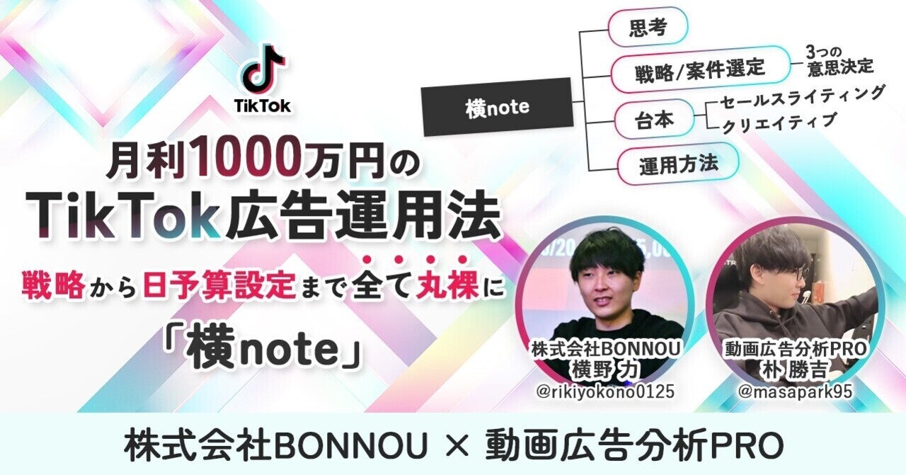 月利1000万円のTikTok広告運用を戦略から日予算設定まで全て丸裸に！【横note】　パク@動画広告分析Pro