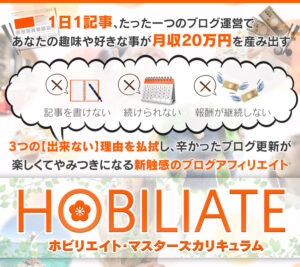 記事、たった1つのブログ運営で月収20万円を産み出すホビリエイト・マスターズカリキュラム